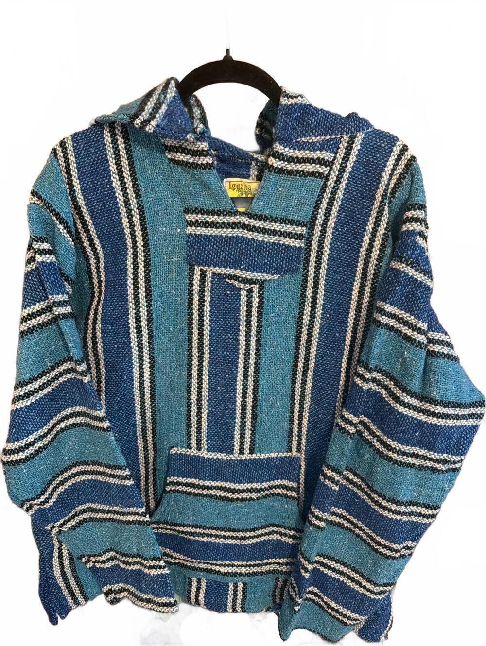 Iguana Jack Vintage Blue Striped Baja Hoodie Sweater XL